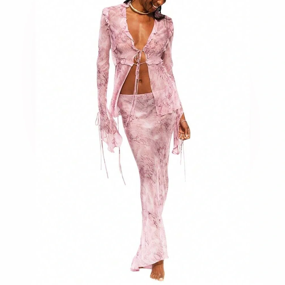 Pink Tie-Front Top and Skirt Set never worn